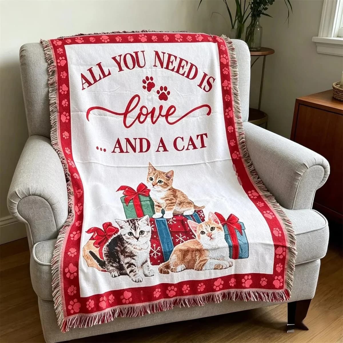 Sofföverkast med tecknad kattmotiv