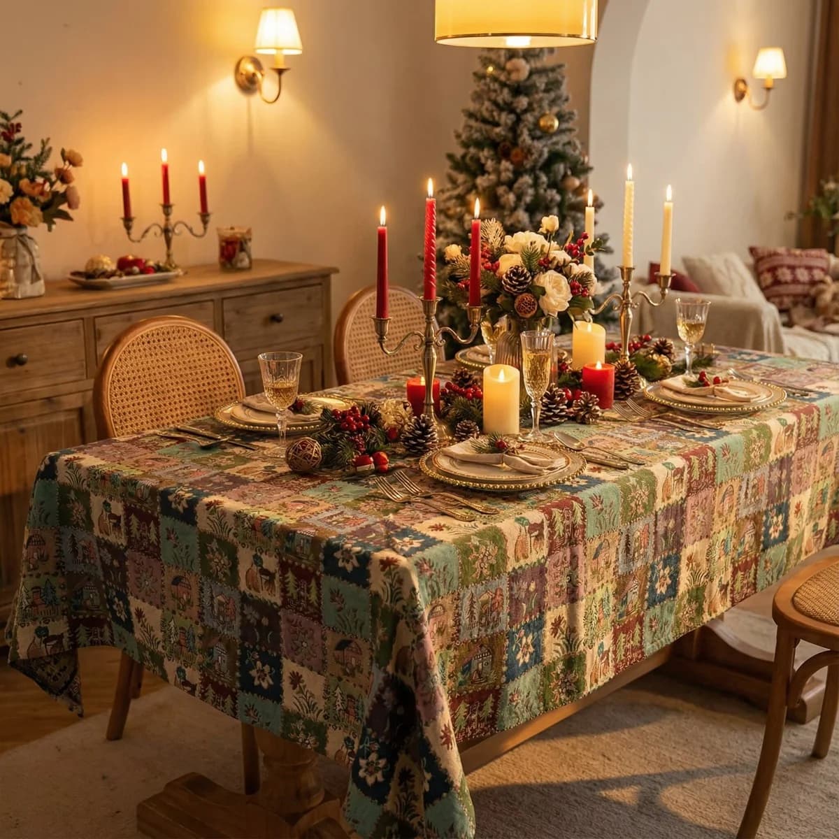 Bordslöpare och duk i bomullsblandning med blomjacquard