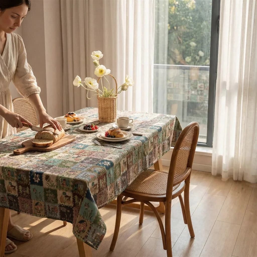 Amerikansk lantlig jacquard-bordslöpare med blommigt oljemålningmotiv